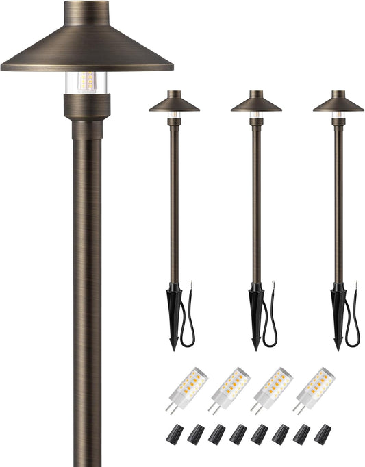 EDISHINE Solid Brass Low Voltage Pathway Lights Wired, 22" Tall 6" Shade, 4Pack Heavy Duty LED