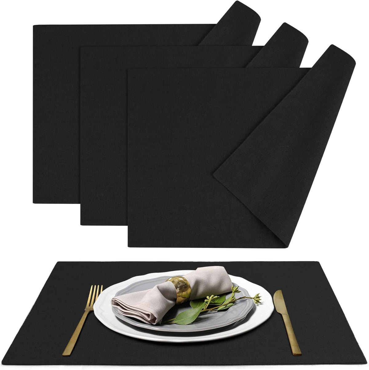 MANSPHIL Black Cloth Placemats Set of 4, Washable Thick Faux Linen Place Mats Heat Resistant Double