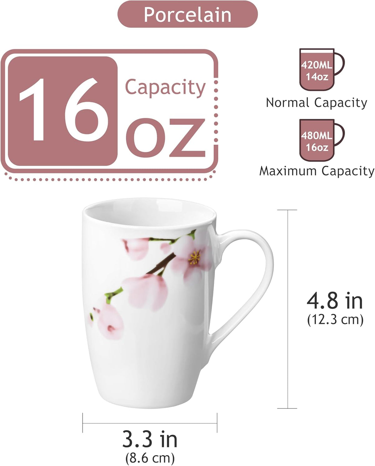 VEWEET Large Coffee Mugs Set of 6, 16 OZ Coffee Cups Set with Handle, Floral Mug Sets Ceramic Cup