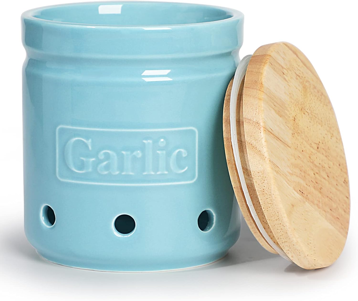 Large Garlic Keeper with Wooden Lid, Ceramic Garlic Holder Storage, Garlic Container for Kitchen