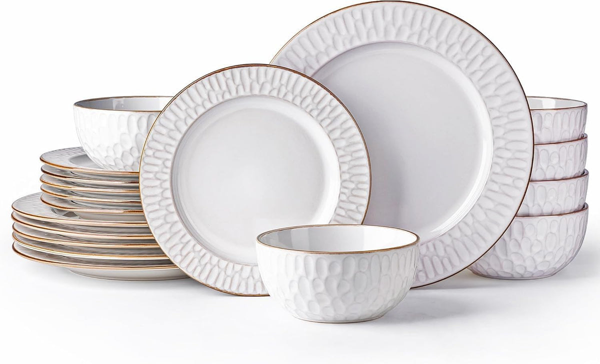 GBHOME Ceramic Dinnerware Sets,18 pcs Embossed Elegant Stoneware Plates and Bowls Sets