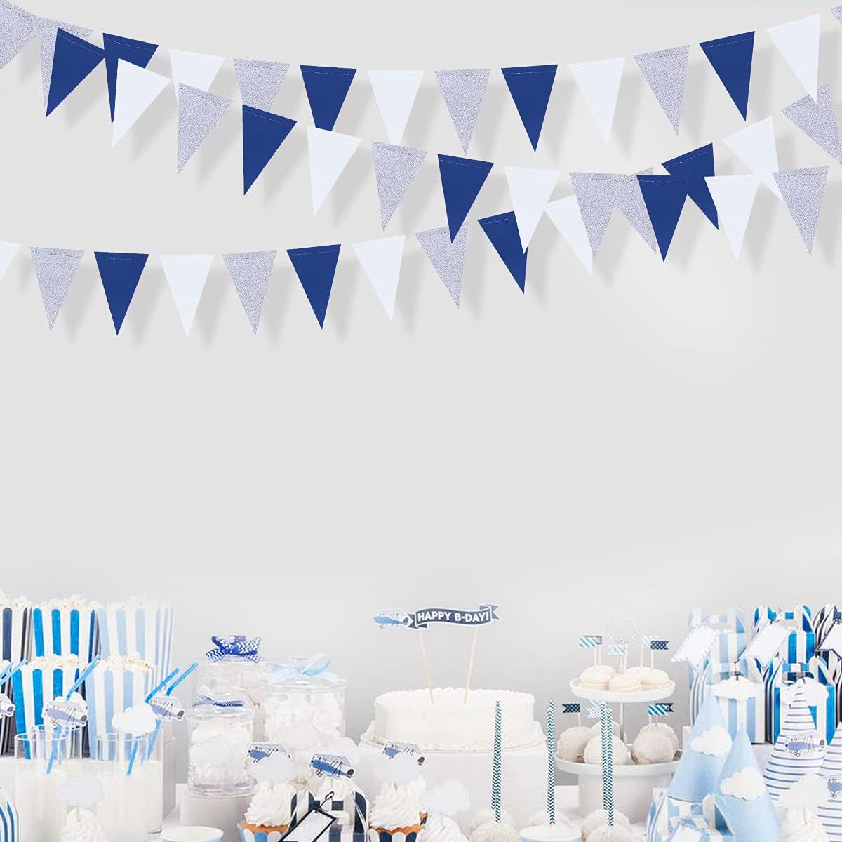 30 Ft Navy Blue White and Silver Party Decorations Royal Blue Triangle Flag Pennant Banner Bunting
