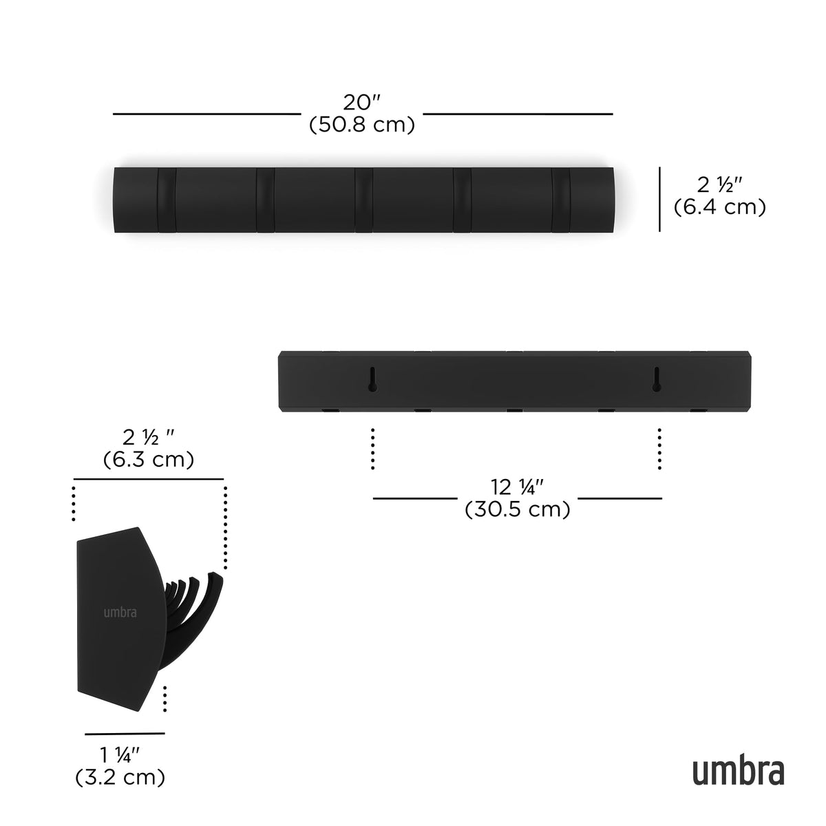 Umbra Flip Coat Rack, Wall Mounted 5-Hook Space Saving, Black/Black