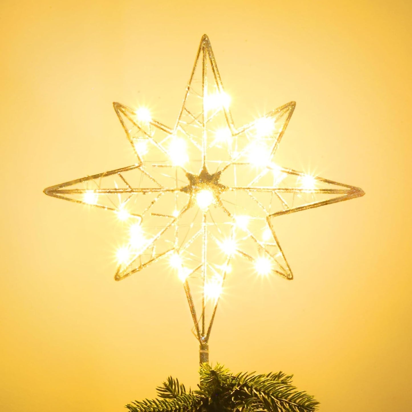 hogardeck Christmas Tree Topper, 11 Inches Lighted Gold Glittered 8-Point Star Tree Topper, 30 LED