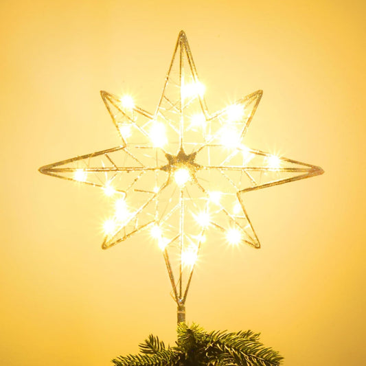hogardeck Christmas Tree Topper, 11 Inches Lighted Gold Glittered 8-Point Star Tree Topper, 30 LED