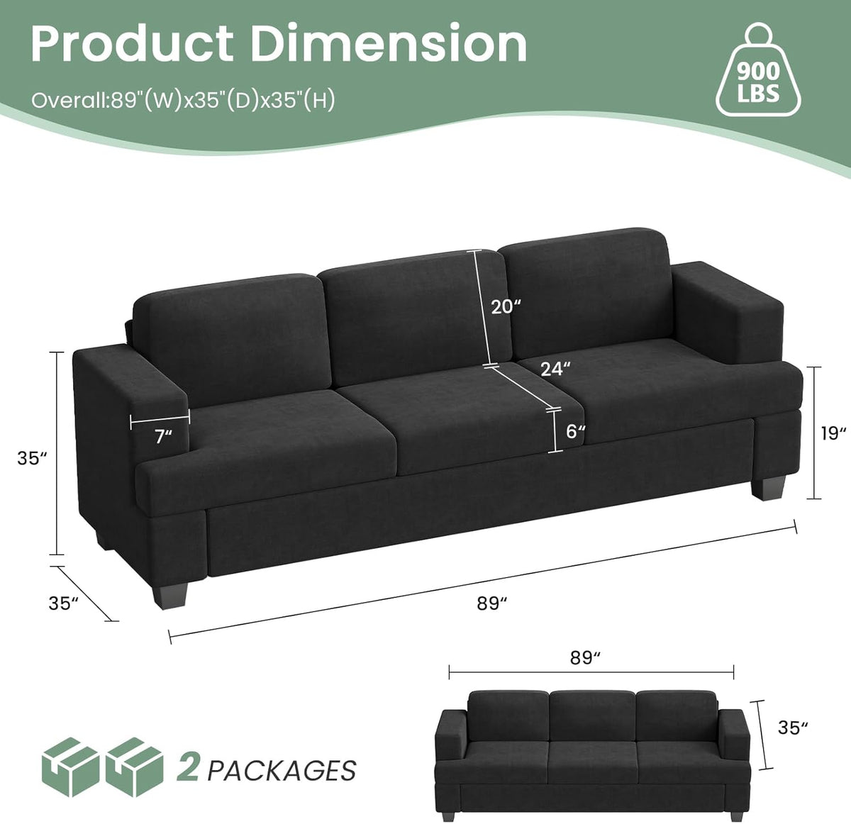 Sofa, 89" 3-Seater Deep Seat Sofa, Modern Comfy Couches for Living Room Apartment Lounge, Dark Grey