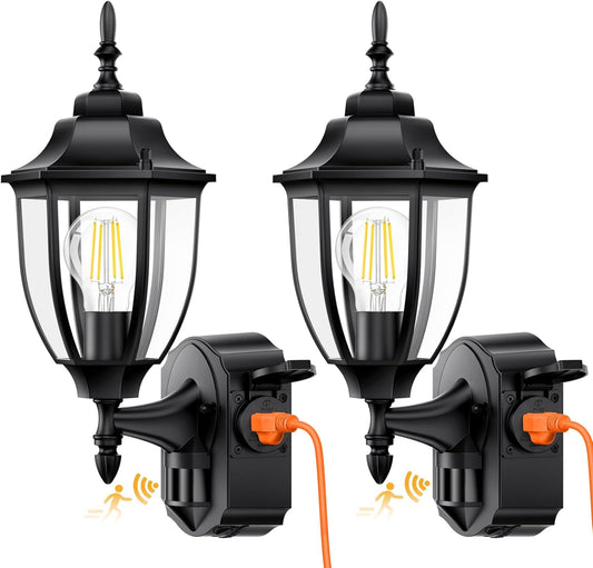 2 Pack Porch Lights Outdoor with Outlet, Motion Sensor Outdoor Wall Lights, Updated Dusk to Dawn