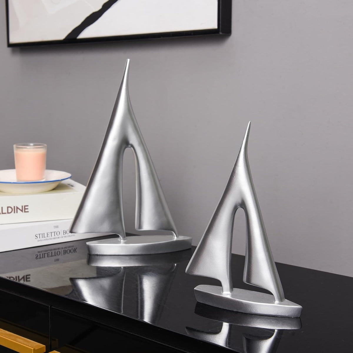 Modern Sculptures Home Decor, Silver Sailboat Decor Ornament, Boat Decorations Statue Decor, Art