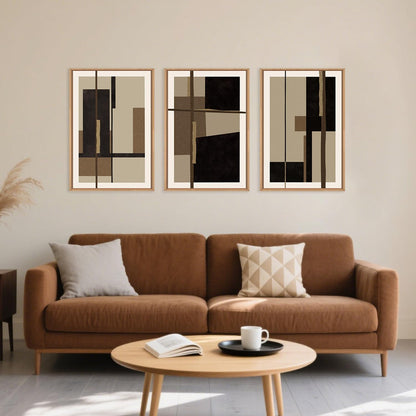 Abstract Shapes Framed Canvas Wall Art Set, Mid-Century Black Polygon Wall Decor, Black Brown