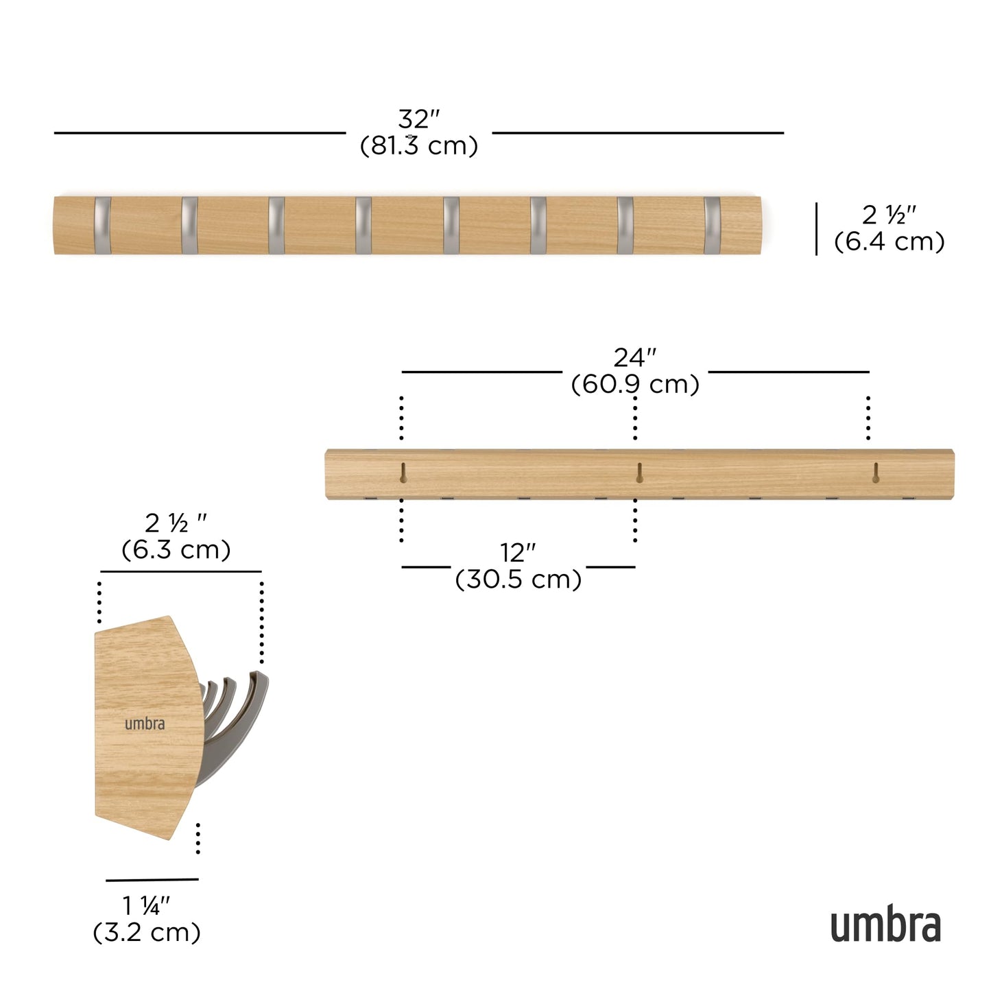Umbra Flip Coat Rack, Wall Mount 8-Hook, Space Saving, Natural/Nickel