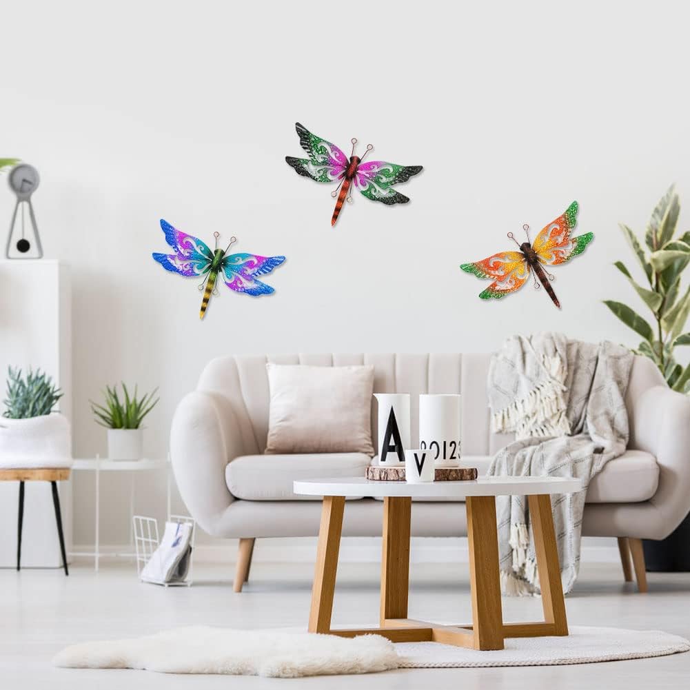 Metal Dragonfly Wall Decor, 3 Pack Colorful Dragonfly Outdoor Decor, Metal Outdoor Wall Art for