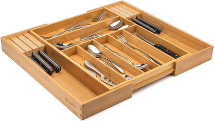 Bamboo Drawer Organizer with Knife Blocks - Silverware Organizer & Utensil Drawer Organizer