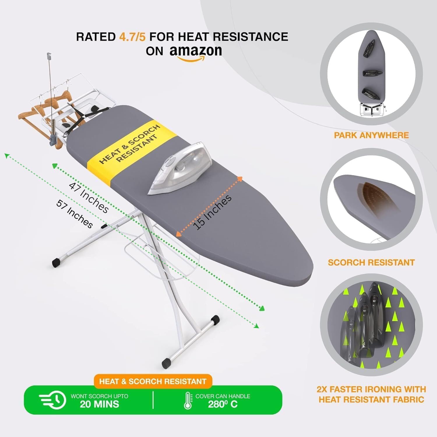 Xabitat Full Size Ironing Board 57" X 15" with Wall Mount Hanger, Full Metal Construction Iron