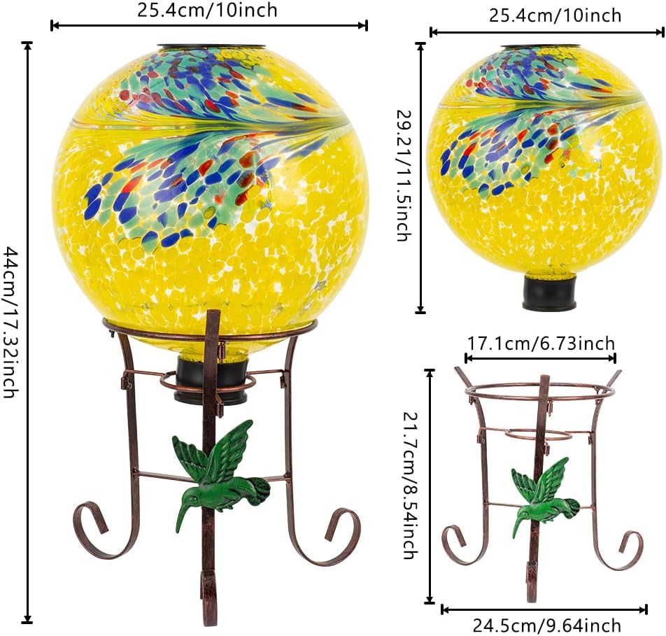 10" Diameter Solar Gazing Ball and 8.5" Metal Stand Indoor Outdoor Glass Globe Sphere Yard Art