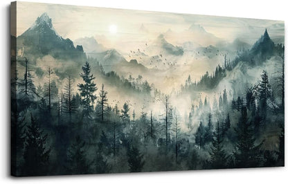 KELIYUAN Large Canvas Misty Forest Wall Art Mountain View Home Decor For Living Room Bedroom Office