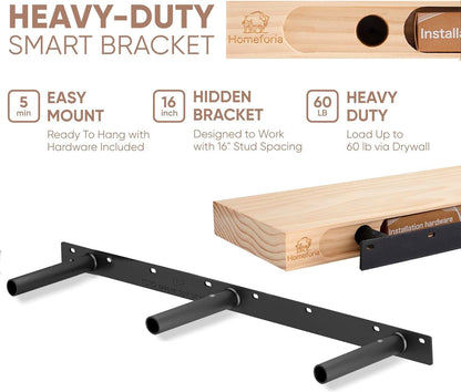 Homeforia Floating White Shelf 60 inches, High End Solid Real Wood 60inch Long Floating Shelves for