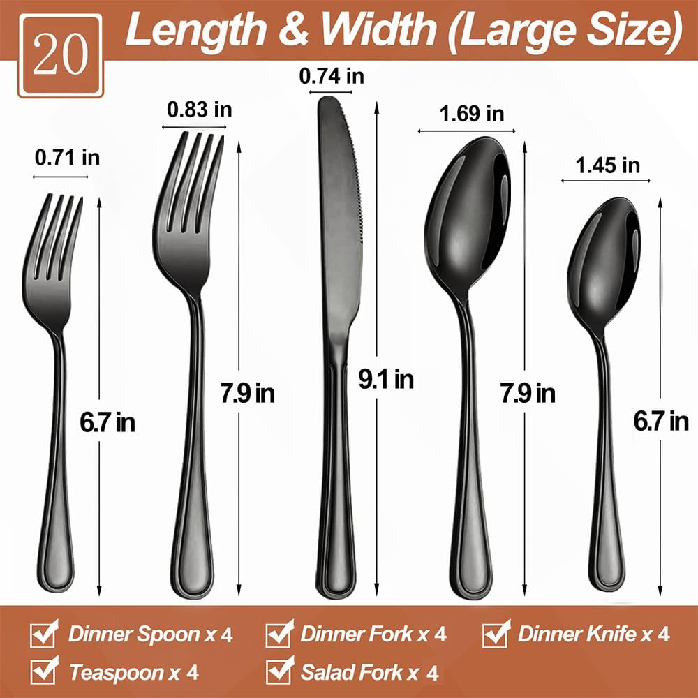 20 Pcs Black Silverware Set for 4 with Simple Striped Handle Design, Food Grade Stainless Steel