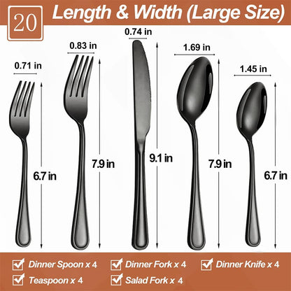 20 Pcs Black Silverware Set for 4 with Simple Striped Handle Design, Food Grade Stainless Steel