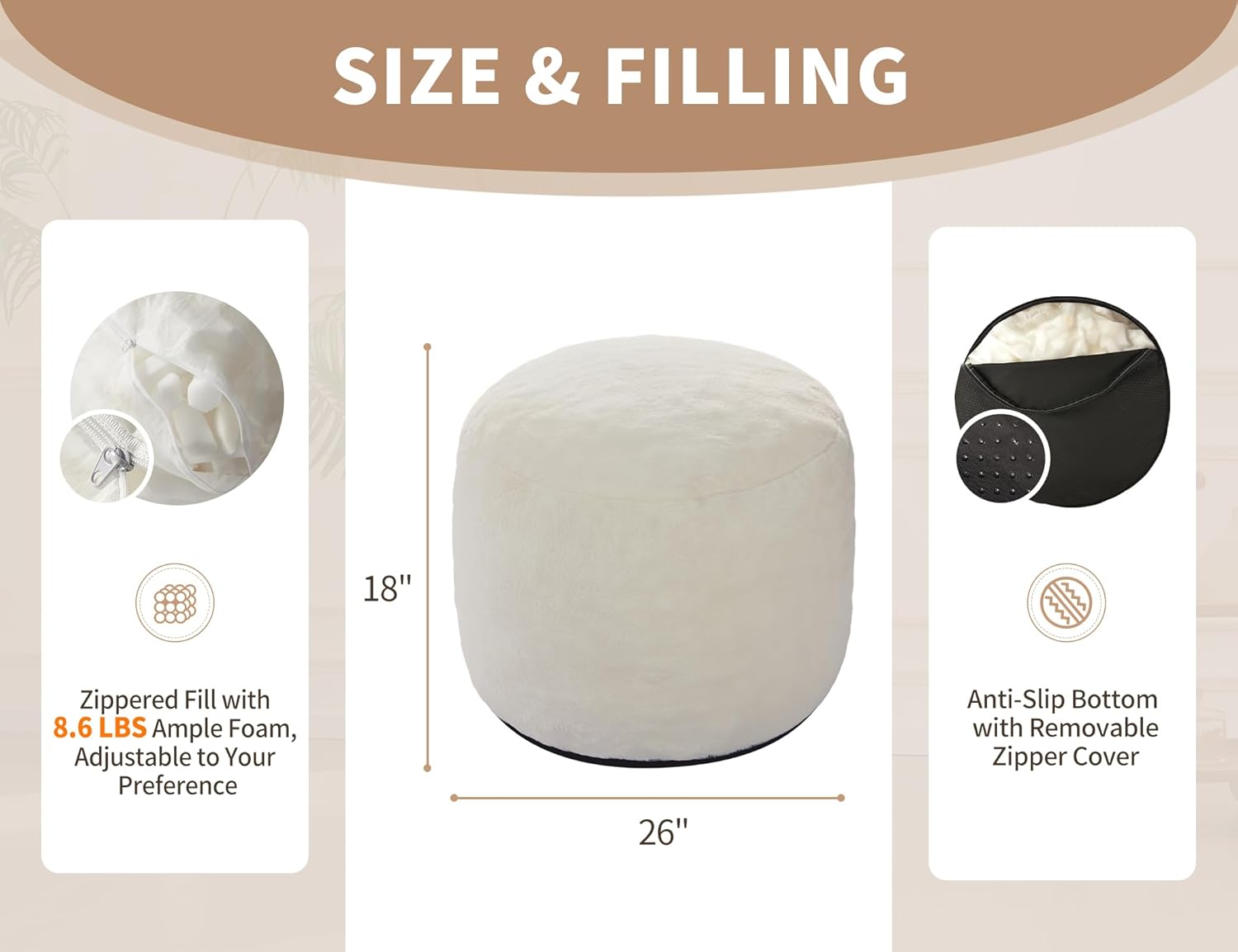 Pouf Ottoman Foot Rest 26"x18" Footstools and Ottomans Small with Filling Cream Small Beige Ottoman