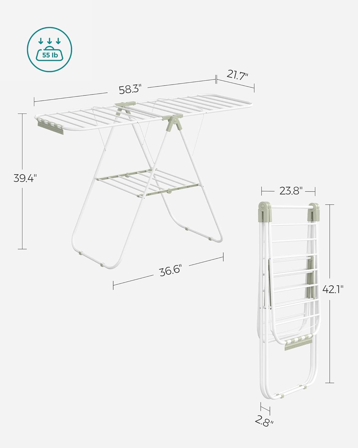 SONGMICS Clothes Drying Rack, with Sock Clips, Metal Laundry Rack, Foldable, Space-Saving