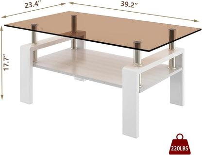 Glass Coffee Table Rectangle Living Room Center Table, with Brown Tempered Glass Tabletop and White