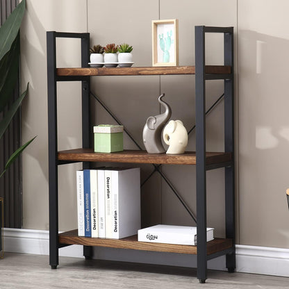 Natural Real Solid Wood Bookcase,3 Tier Metal and Wood Open Book Shelf Storage Farmhouse Wide