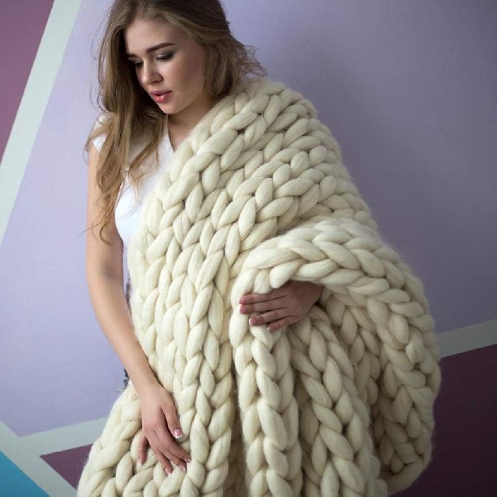 Chunky Knit Blanket Hand Made Merino Wool Throw Boho Bedroom Sofa Home Decor Giant Yarn(Ivory White