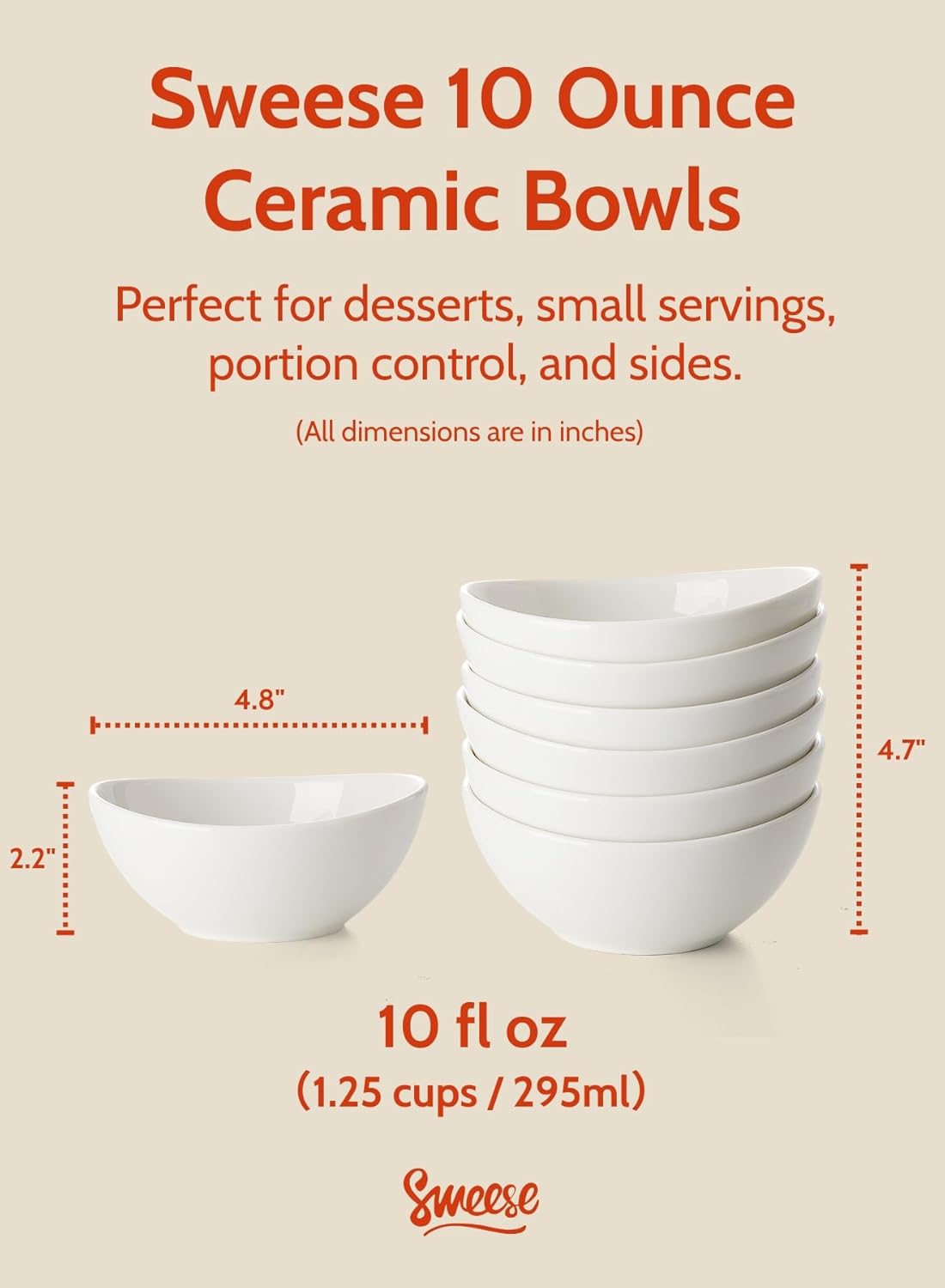 Sweese Porcelain Bowls Set - 6 Pack, 5 Inch, 10 oz for Desserts, Soup, Rice, Microwave Dishwasher