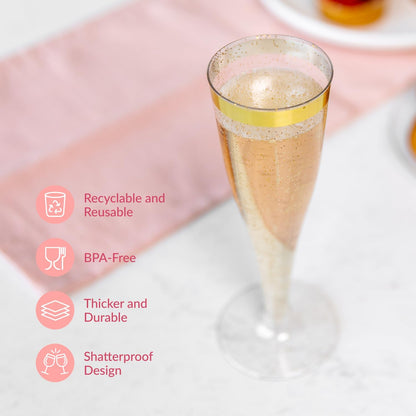 Prestee Set of 24 Plastic Champagne Flutes with Gold Rim - 4.5 oz - Shatterproof Disposable Glasses
