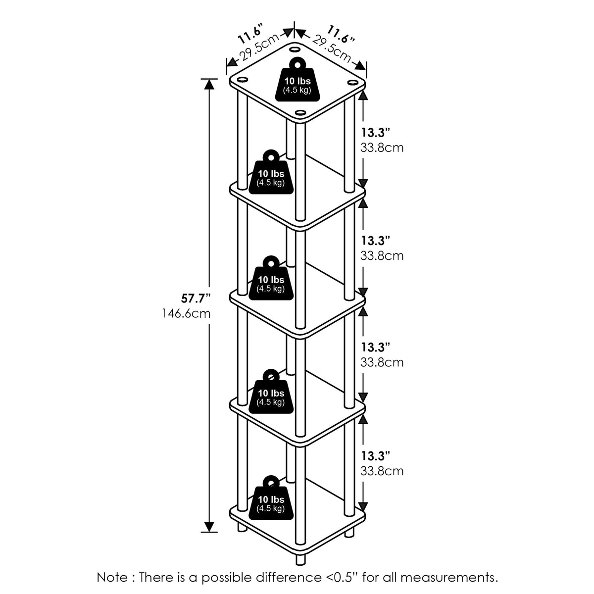 FURINNO Turn-N-Tube 5-Tier Corner Square Rack Display Shelf, Round, French Oak Grey/Black