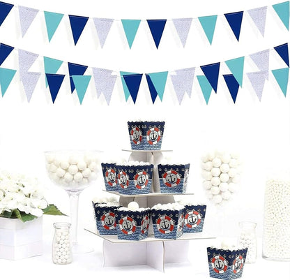 30 Ft Navy Blue Silver Pennant Banner Royal Blue Hanging Paper Triangle Bunting Flag Garland for