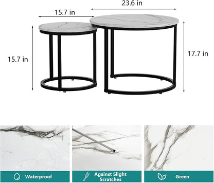 Smuxee White Nesting Coffee Table Set of 2, 23.6" Round Coffee Table Wood Grain Top with Adjustable