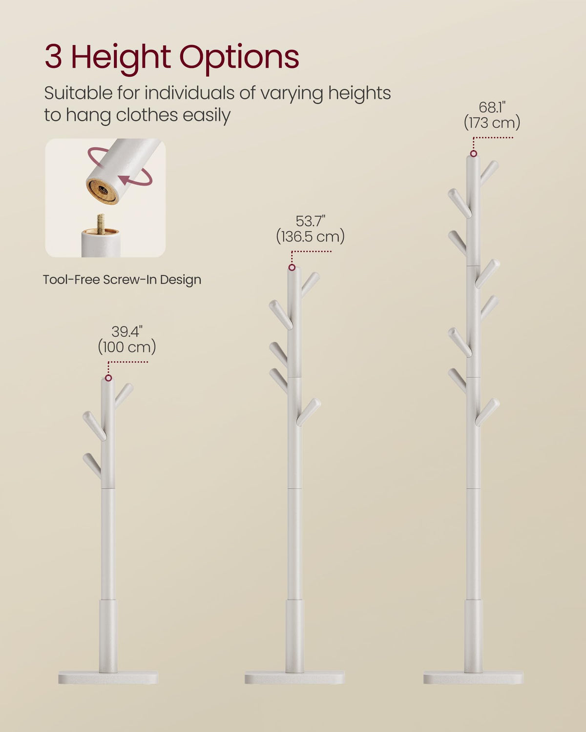 VASAGLE Solid Wood Coat Rack, Free Standing Hall Coat Tree with 8 Hooks, 3 Height Options, for