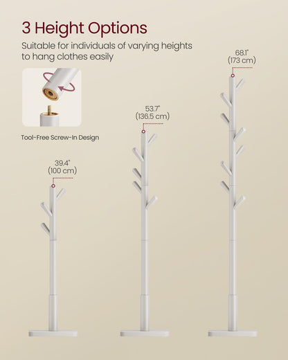 VASAGLE Solid Wood Coat Rack, Free Standing Hall Coat Tree with 8 Hooks, 3 Height Options, for
