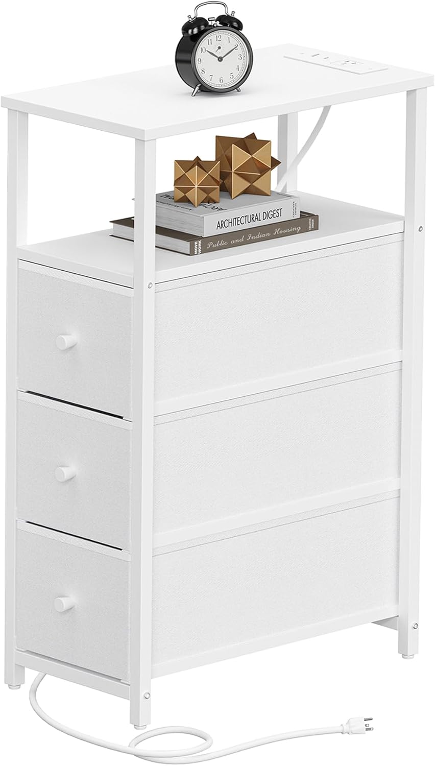TUTOTAK Narrow Night Stand with Charging Station, Slim End Table with Plugins, Tall Side Table with