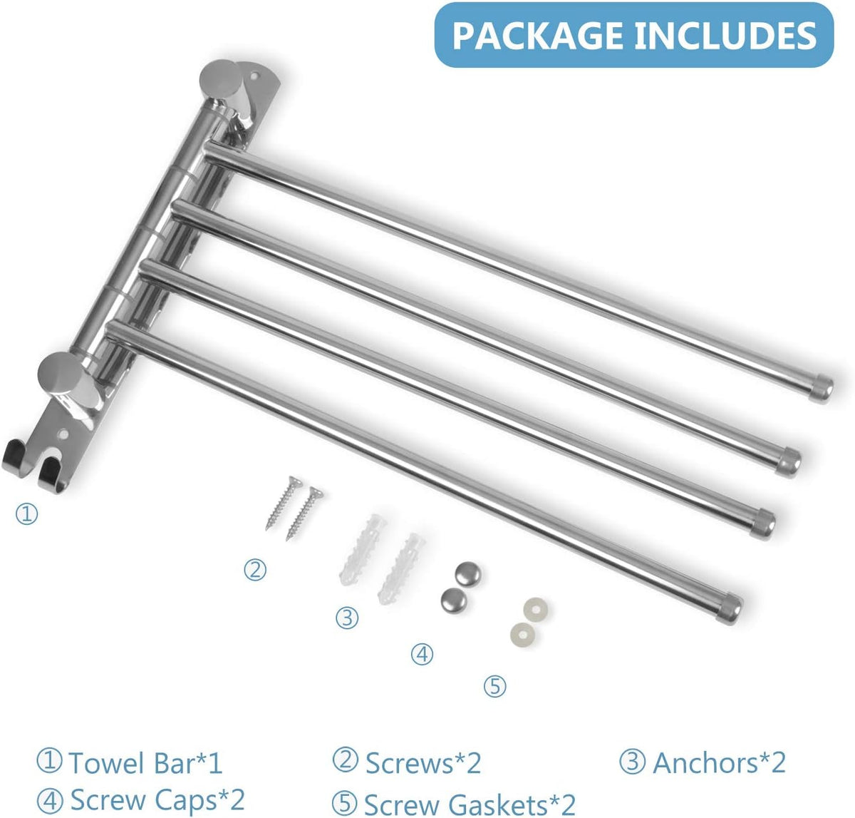 Bathroom Towel Rack JSVER 4 Arms Swivel Towel Holder, Towel Bar Wall Mounted, SUS304 Stainless