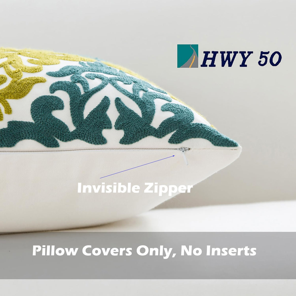 HWY 50 Decorative Throw Pillow Covers 18x18 Inch (1 Piece), Embroidered Cotton Farmhouse Cushion