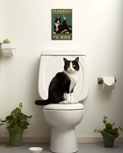 ALKB Bathroom Tuxedo Cat Sign - Remember to Wipe - Cat Lover Gift 8x12 Inch Vintage Metal Sign for