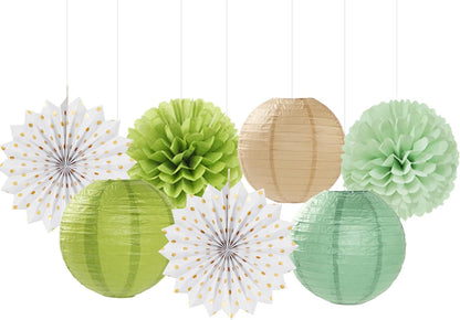 Olive-Sage Green-Boho Party-Decorations Streamers-Lanterns - 14pcs Baby Bridal Shower Wedding Paper