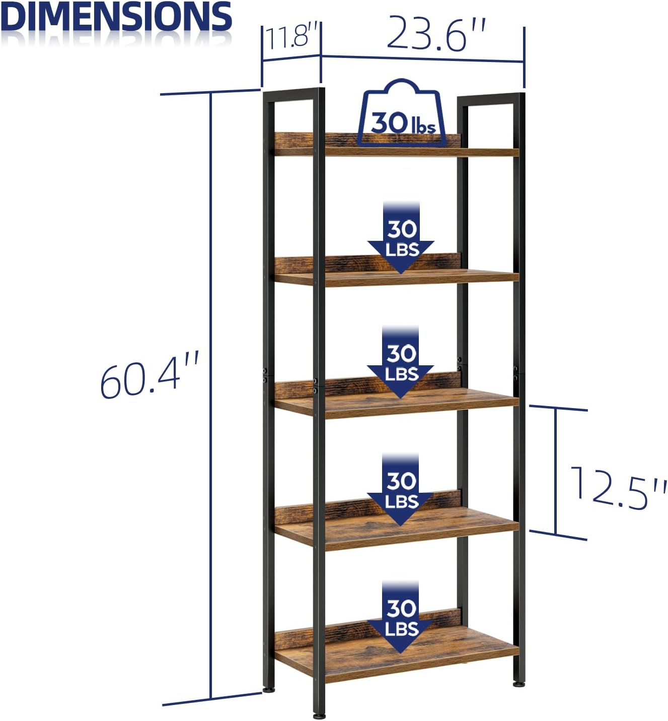 NUMENN Bookshelf, 5 Tier Bookshelves, Home Office Bookcase Shelf Storage Organizer, Free Standing