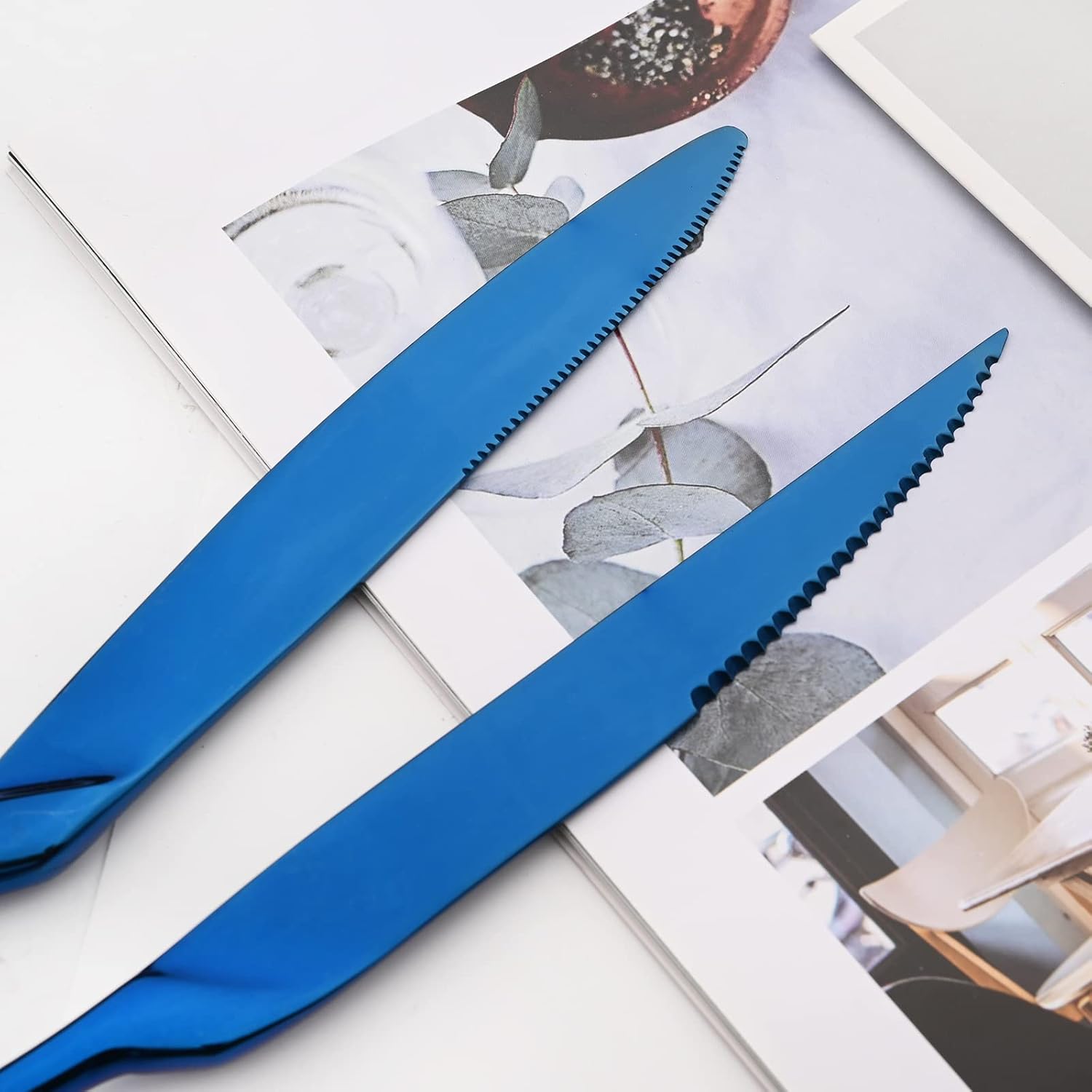 24-Piece Blue Flatware, Mirror 18/10 Stainless Steel Modern & Luxury Dinnerware Set With Serrated