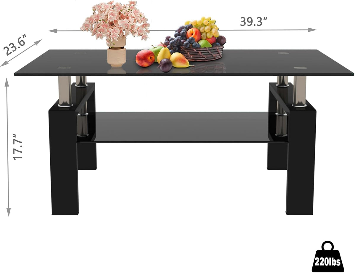 Black Glass Coffee Table for Living Room, Mordern Rectangle Tempered Glass Sofa Center Tables with