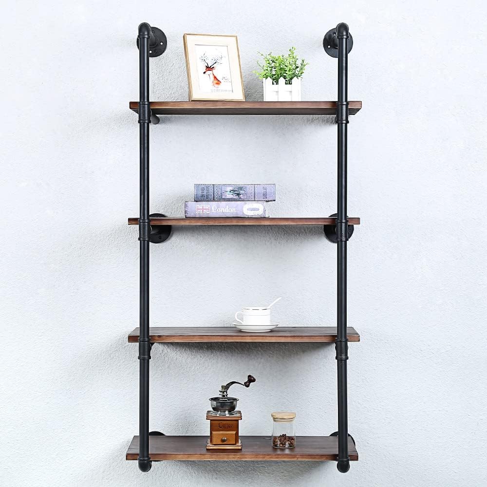 Industrial Pipe Shelving Wall Mounted,24in Rustic Metal Floating Shelves,Steampunk Real Wood Book
