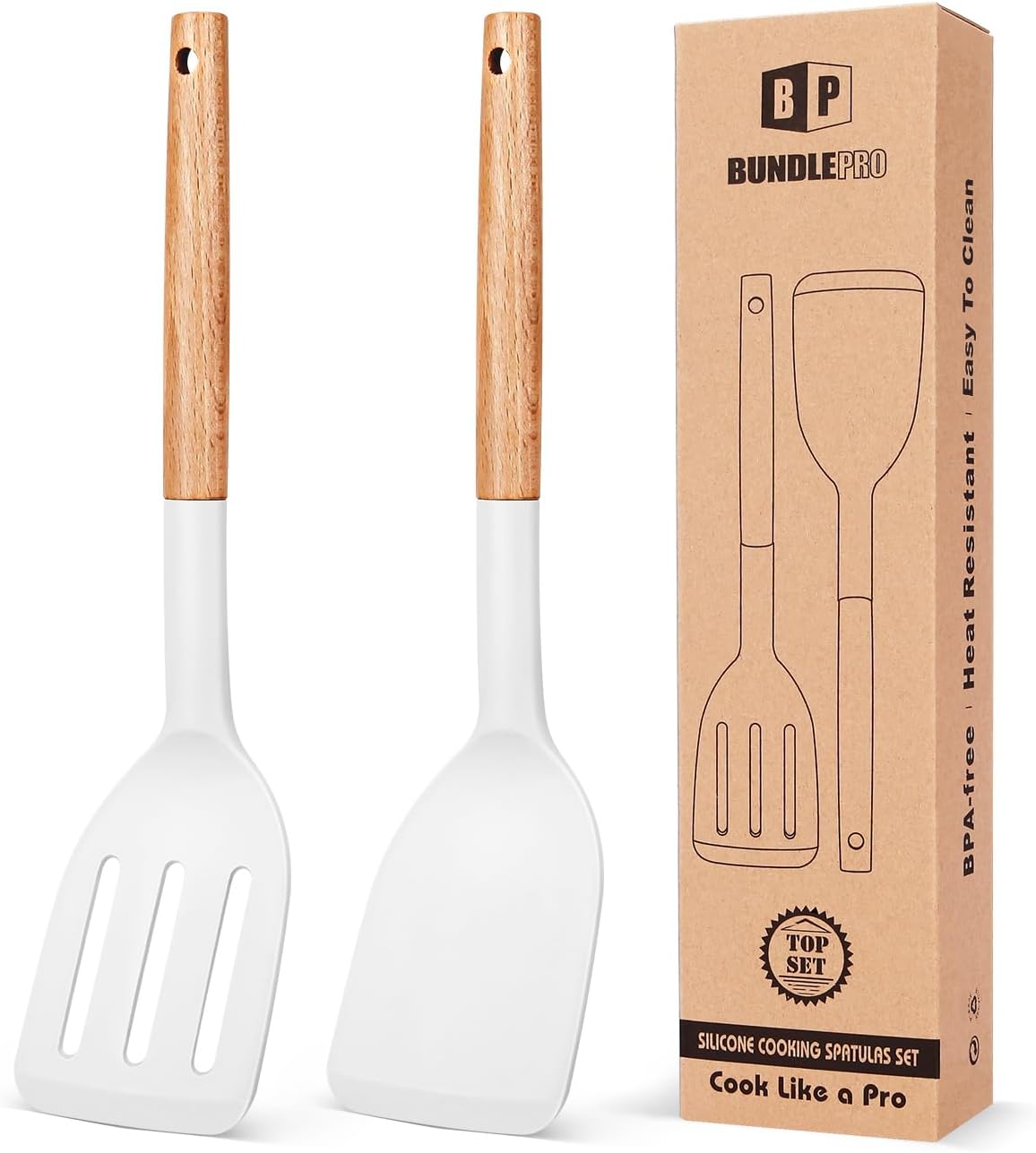 Pack of 2 Silicone Cooking Spatula, Heat Resistant Solid Turner, Non Stick Slotted Spatulas with