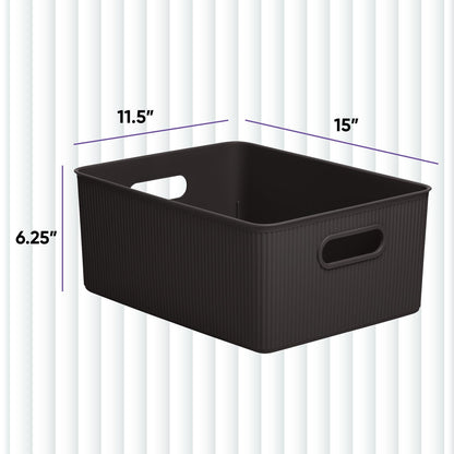 Superio Ribbed Collection - Decorative Plastic Basket Open Home Storage Bins Organizer, Large Brown
