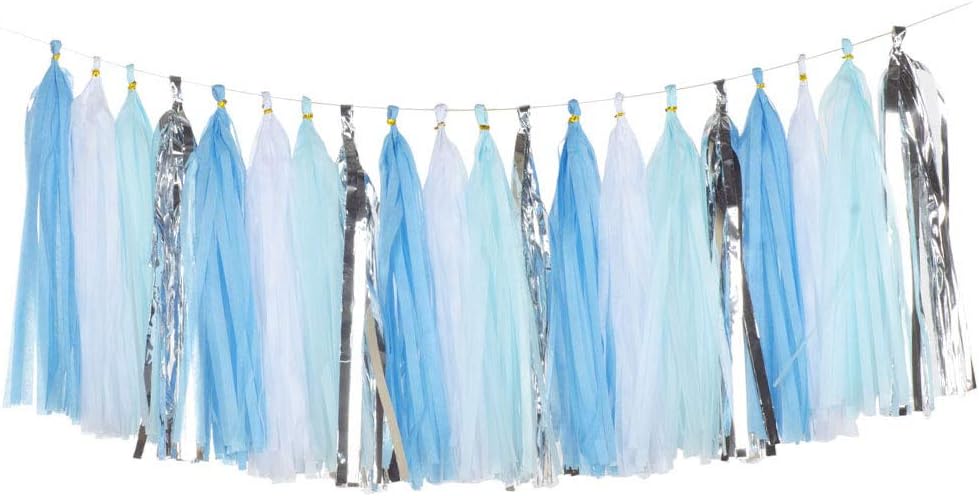 Shiny Tissue Paper Tassels Party Tassel Garland Banner Decorations, DIY Kits,Blue,White,Silve,Pack