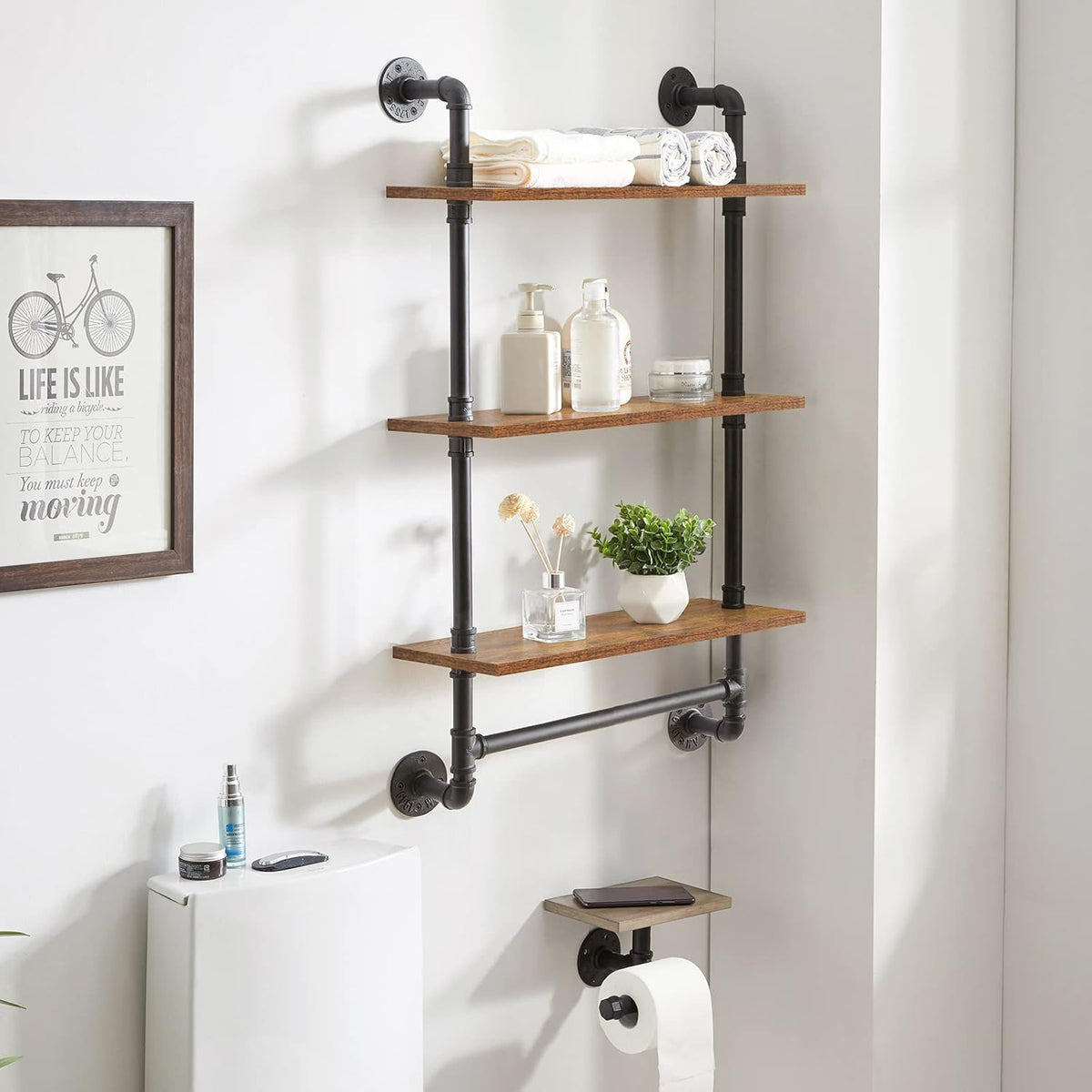 IBUYKE Industrial Pipe Shelf,40.5 inches Wall Mount Bookcase,3-Tier Wall Shelf with Towel