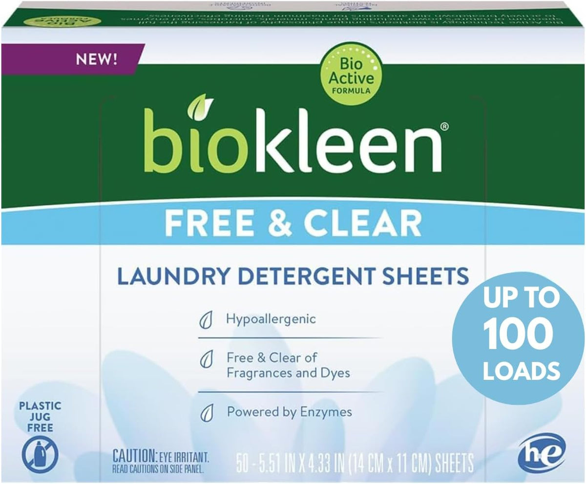Biokleen Laundry Detergent Sheets - Dye & Fragrance Free, Hypoallergenic, Enzymatic Cleaner, Stain
