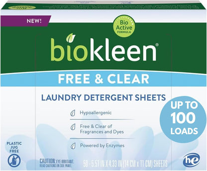 Biokleen Laundry Detergent Sheets - Dye & Fragrance Free, Hypoallergenic, Enzymatic Cleaner, Stain
