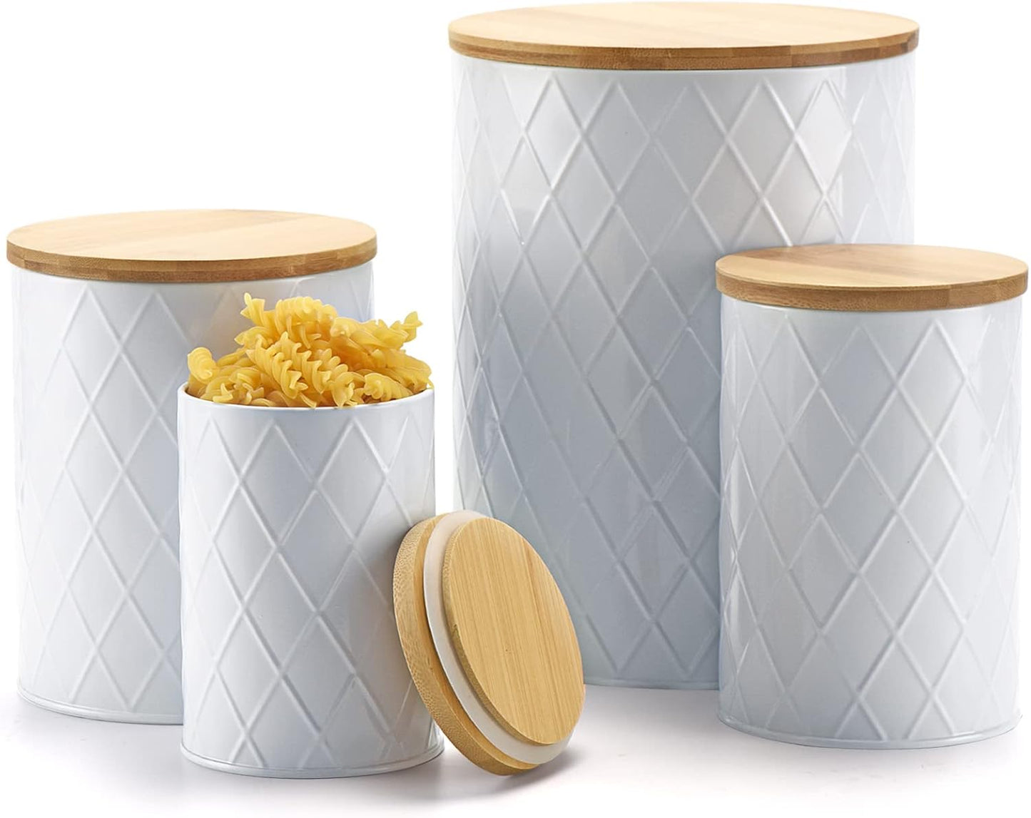White Kitchen Canisters Set with Bamboo Lids, Airtight Sugar, Flour, Coffee, Cookie Storage